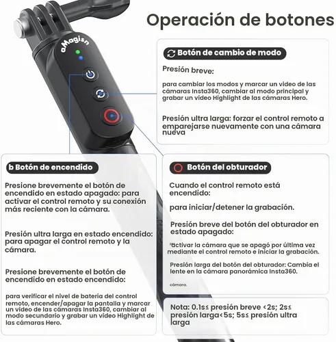 Vista 8 de Control remoto Selfie Stick recargable impermeable 39.4 in estirable compatible con cámara de acción Insta360/Gopro y iOS Android Smartphone