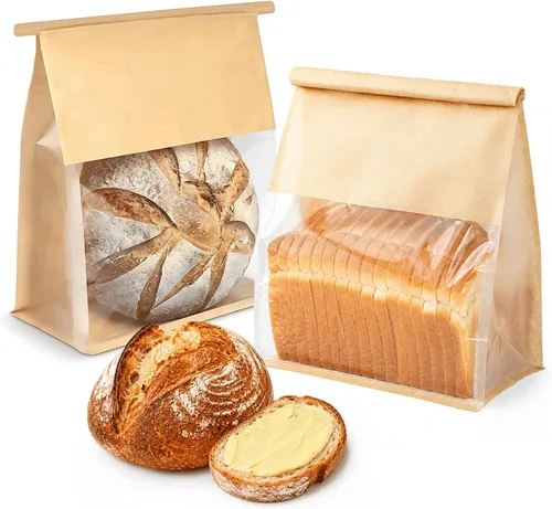 Vista 11 de 50 bolsas de pan con lazo de lata, bolsas para pan hechas de papel de algodón marrón, bolsa de embalaje de almacenamiento con ventana transparente