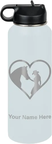 Vista 15 de LaserGram Botella de agua personalizada, corazón de vaquera de caballo, acero inoxidable de doble pared aislada al vacío con popote superior, regalo