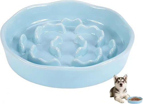 Vista 9 de Cuencos de alimentación para mascotas, cuenco de cerámica para perros de alimentación lenta – Plato pesado de comida azul para perros pequeños a