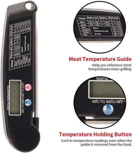 Vista 8 de Termómetro digital para carne de alimentos, LCD ABS Shell sonda de acero inoxidable sonda plegable para cocina, barbacoa, parrilla, probador