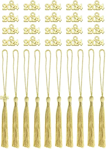 Vista 11 de Tupalizy 10 mini borlas sedosas hechas a mano con 20 dijes del año 2024 para graduación, llavero, aretes, joyería, regalos de boda, recuerdos, Negro