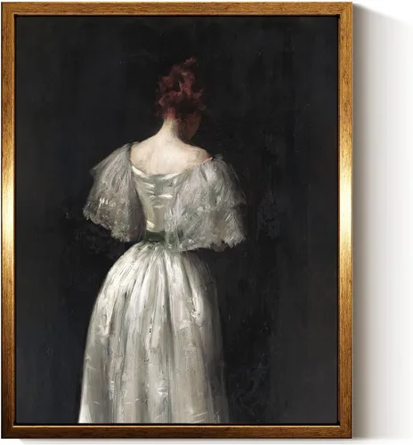Vista 22 de InSimSea Arte de Pared en Lienzo Vintage con Marco Dorado Dama del Siglo XVII en Vestido Blanco Tono Oscuro 12 x 16 pulgadas, Retrato Melancólico
