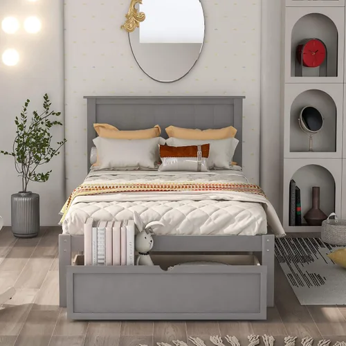 Vista 3 de P PURLOVE Base de cama de tamaño individual con cajón de almacenamiento, marco de cama de plataforma de madera con cabecera y listones para niños