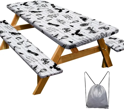 Vista 44 de Funda de mesa de picnic con fundas para bancos Esenciales de camping Mantel de picnic impermeable y a prueba de viento con bolsa de cordón, funda