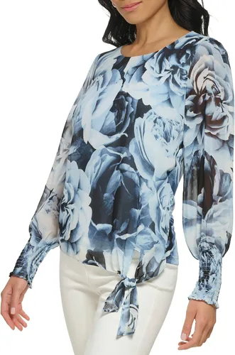 Vista 2 de Calvin Klein Blusa para mujer con dobladillo de nudo estampado