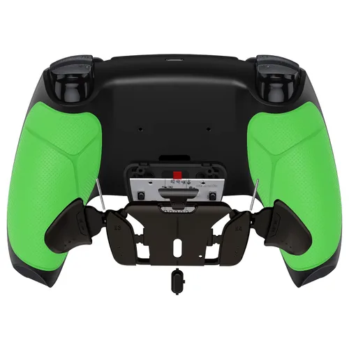 Vista 7 de eXtremeRate Black Real Metal Buttons (RMB) Version RISE4 Remap Kit for PS5 Controller BDM-030 with Green Rubberized Grip Redesigned Black Back