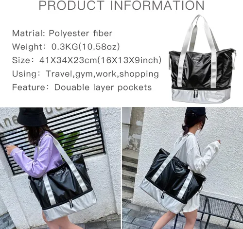 Vista 2 de fancyfree Bolsa de doble capa, bolsa de viaje grande con compartimento inferior para zapatos, bolsa de lona ideal para mujeres y hombres