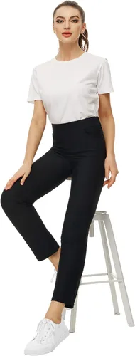 Vista 6 de Ginasy Pantalones de vestir negros para mujer, de negocios, casuales, de cintura alta, elásticos, para el trabajo, pierna recta, pantalones