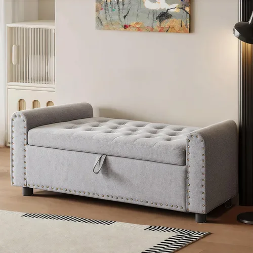 Vista 15 de 48" Ottoman with Storage, Tufted Storage Ottoman Bench, Convenient Living Room Fabrics Bench Seat, Entryway Shoe Benches with Inner Zipper & Arm