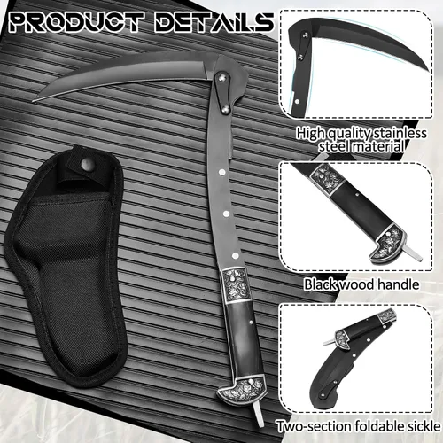 Vista 4 de WILLBOND Herramienta de jardín plegable de hoz negra afilada, cuchillo de mano de hierba de seguridad portátil con funda mango de madera, 2