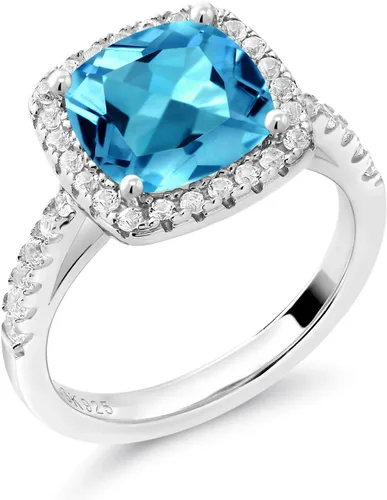 Vista 3 de Gem Stone King Anillo de compromiso de plata de ley 925 con topacio azul suizo y zafiro blanco creado para mujer