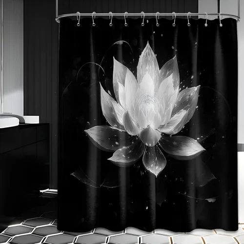 Vista 22 de Cortina de ducha con flores de loto negro y azul para decoración de baño, juego de cortinas decorativas de baño con estampado floral, tela