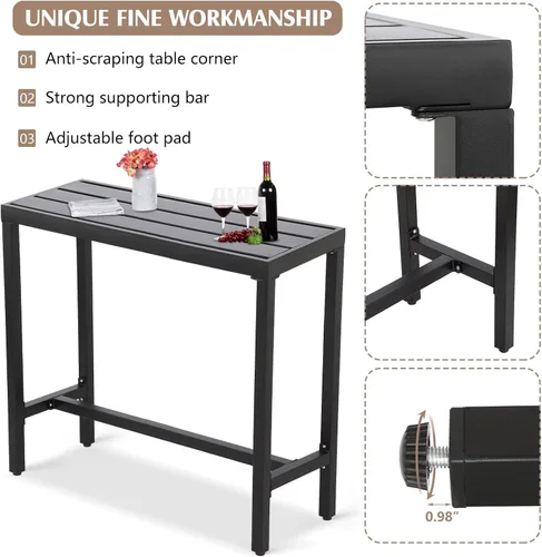 Vista 3 de Sillas y mesa de bar para exteriores, juego de bar de metal para patio, 3 piezas con taburetes y cojines, patio trasero, porche, bistró, balcón Negro