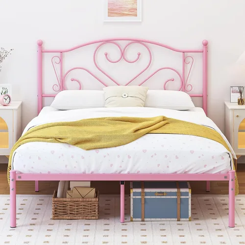Vista 9 de Base de cama individual con cabecero, plataforma de metal resistente debajo de la cama, espacio de almacenamiento fácil de montar para niños, niñas