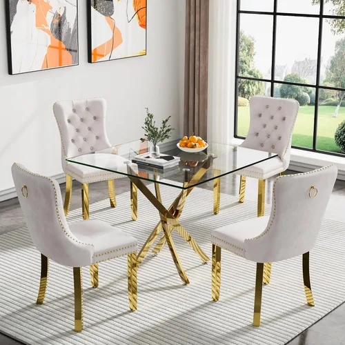 Vista 115 de Juego de mesa de comedor SSLine moderno de 3 piezas con mesa redonda de vidrio para 2, lujosa mesa de comedor circular de 36" con tapa de vidrio