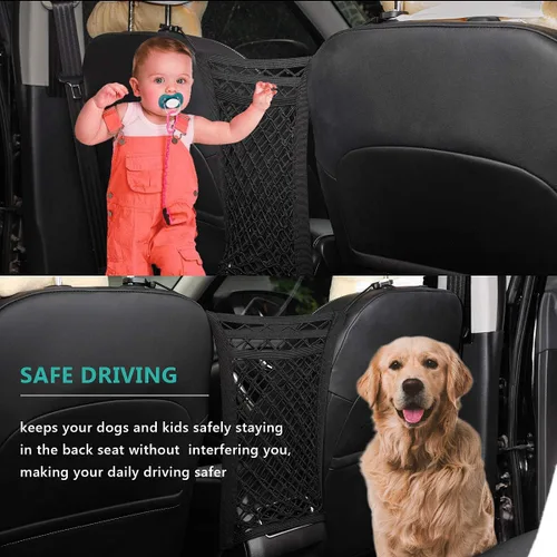 Vista 6 de Barrera de red para auto de 3 capas con organizador de malla de seguridad automática, bolsa de almacenamiento de malla elástica universal