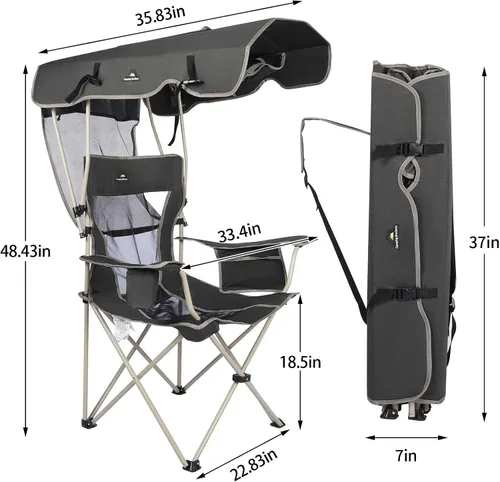 Vista 2 de Silla de playa con toldo – Silla plegable al aire libre con toldo de protección solar completa – Ideal para camping, césped, deportes, picnic