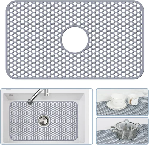 Vista 33 de Bestjing Paquete de 2 protectores de silicona para fregadero de cocina, accesorio de rejilla de cocina de 12 x 11 pulgadas, tapete antideslizante