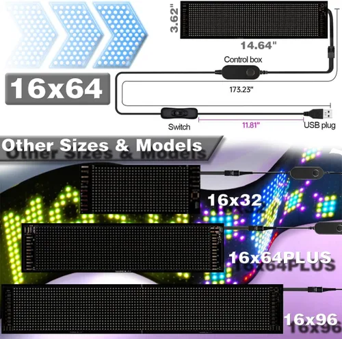 Vista 6 de Letrero LED de desplazamiento para automóvil, letrero LED flexible para automóvil USB 5V con control de aplicación Bluetooth, texto/animación