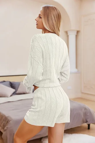 Vista 5 de Ekouaer Conjunto de 2 piezas de suéter de manga larga y pantalones cortos para mujer