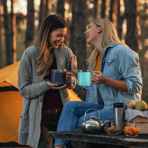 Vista 6 de HAUSHOF Taza de café de 14 onzas, taza de café aislada con asa, taza de viaje para camping, taza de café portátil de acero inoxidable, tazas de café