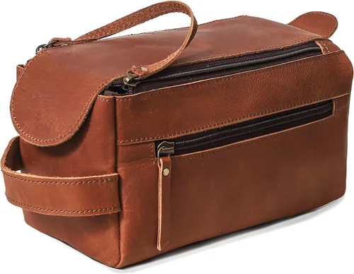 Vista 11 de Bolsa de aseo unisex de cuero de búfalo genuino, hecha con cuero de búfalo de alta calidad Marrón