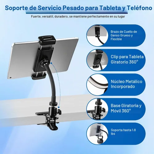 Vista 4 de ROCKFREE Soporte para tablet con clip con brazo de cuello de cisne resistente, soporte de abrazadera de iPad ajustable de 360° para escritorio