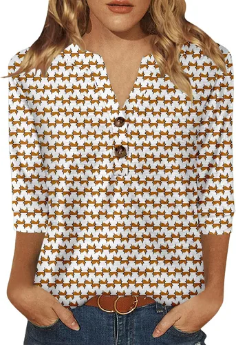 Vista 9 de Dimur Camisetas de manga 3/4 con cuello en V y botones para mujer, traje casual de negocios, camiseta básica de verano 2025