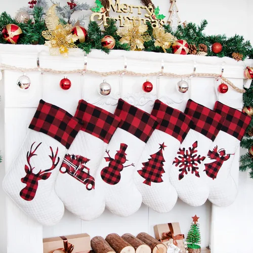Vista 10 de LUBOT Juego de 4 medias de Navidad grandes para la familia, 20 pulgadas, silueta de búfalo rojo a cuadros para colgar en la chimenea, decoración