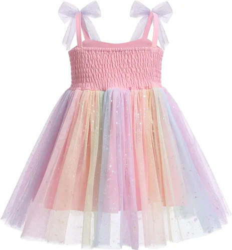 Vista 2 de IMEKIS Vestido de princesa de cumpleaños para niña pequeña, confeti brillante, bohemio, arco iris, pastel, sesión de fotos, traje para 1-6T
