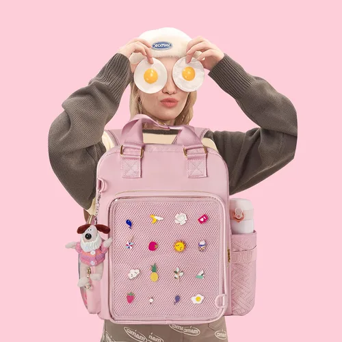 Vista 7 de Prokva Ita Mochila Bolsa de exhibición con insertos para alfileres, bonita bolsa Ita para anime Cosplay y concierto (diseño patente), Rosado