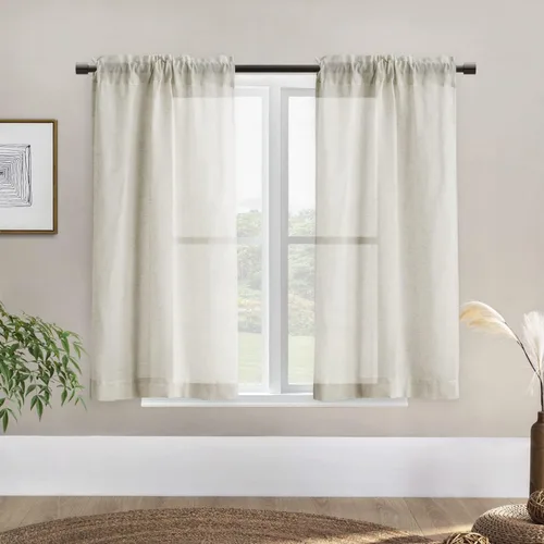 Vista 9 de Cortinas rústicas para ventana de cocina, cortinas de lino transparentes con bolsillo para barra para ventanas cortas, juego de 2 paneles, 42