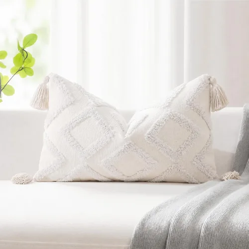 Vista 9 de PANOD - Juego de 2 fundas de cojín decorativas de estilo granja, súper suaves, con patrón de diamante sólido, con penachos y borlas, modernas Gris