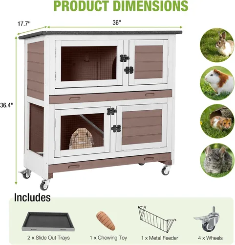 Vista 6 de GUTINNEEN Conejera interior con diseño a prueba de masticación, jaula de madera para conejillos de indias con ruedas bloqueables, bandejas a prueba