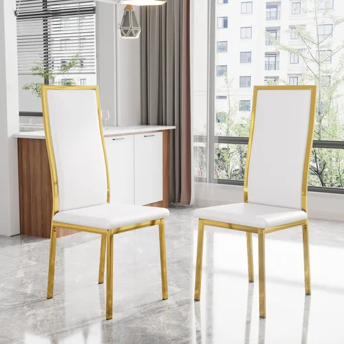 Vista 12 de Juego de 2 sillas de comedor modernas, piel sintética negra con patas de metal dorado cromado, diseño de respaldo alto curvo y acolchado tipo nube