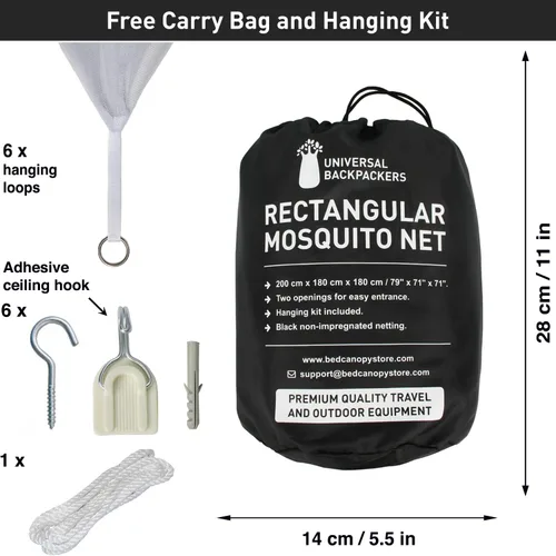 Vista 5 de Mosquitera negra para camas individuales a king size – 2 aberturas laterales y 6 bucles para colgar – Forma rectangular decorativa para el hogar