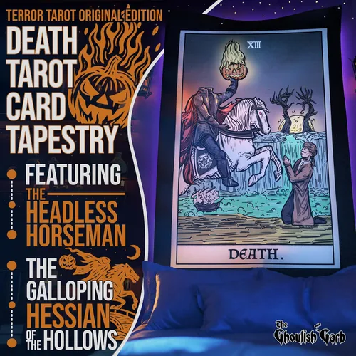 Vista 2 de Tapiz de cartas del tarot de la muerte, jinete sin cabeza, La leyenda del somnoliento hueco, gótico, Halloween, decoración para colgar en la pared