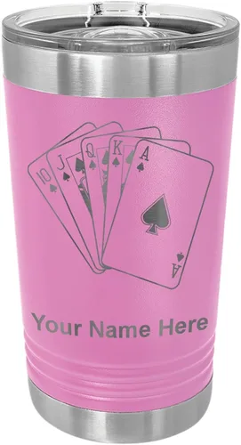 Vista 7 de LaserGram Vaso de pinta aislado al vacío de 16 onzas, tarjetas de póquer Royal Flush con grabado personalizado incluido (negro)