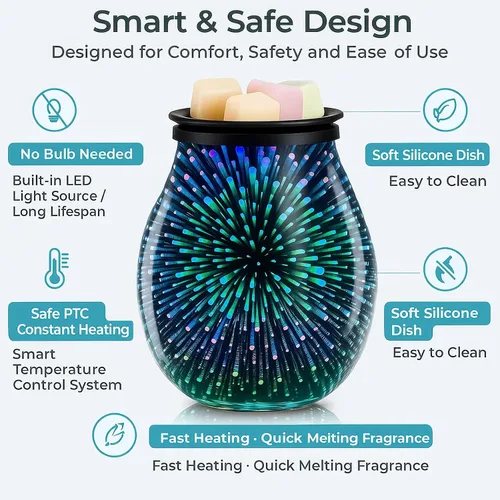 Vista 3 de Leyoue - Calentador eléctrico de cera con forma de fuegos artificiales 3D de vidrio con placa de calentamiento PTC, bandeja reutilizable