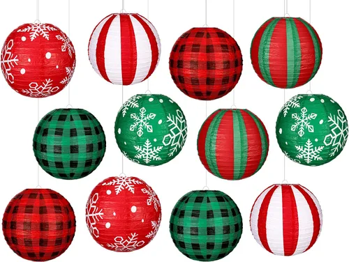 Vista 8 de Bencailor Juego de 12 linternas de papel colgantes de Navidad, linternas decorativas para fiesta de Navidad, lámparas colgantes redondas