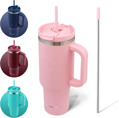 Vista 15 de FAHRMOSIS Vaso de 40 onzas con asa y pajita, taza aislada que cabe en el portavasos para bebidas frías y calientes, vaso a prueba de fugas