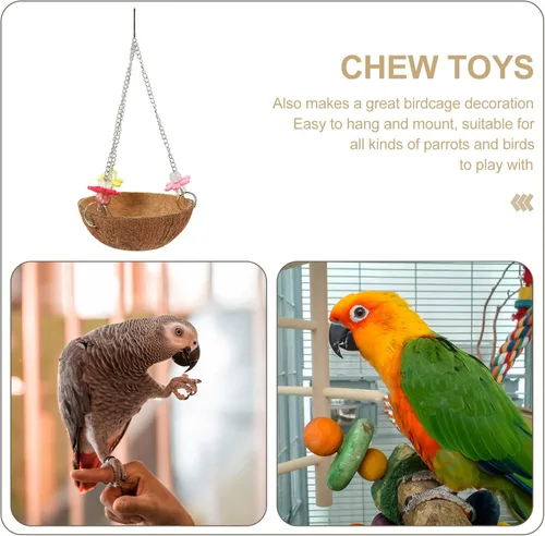 Vista 6 de POPETPOP Nido de pájaro de concha de coco natural – Nido mecedora colgante de pájaro caja nido de loro de coco jaula para pájaros de coco, cabaña