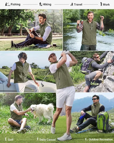 Vista 5 de 33,000ft Chaleco para hombre a prueba de viento y ligero para golf, ropa exterior con bolsillos, chaqueta sin mangas de softshell para correr Verde