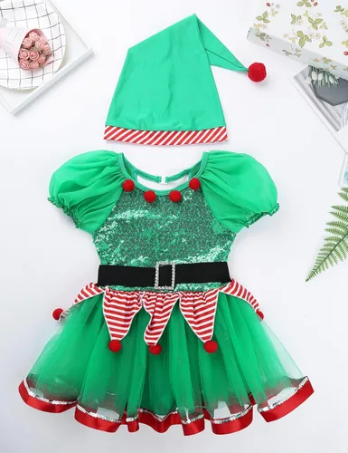 Vista 3 de Nikiikoo Disfraz de elfo de Navidad para niños y niñas, con lentejuelas, patinaje artístico, baile, festival, fiesta de Navidad, disfraz elegante