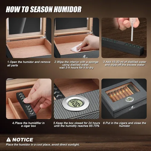 Vista 5 de XIFEI Humidor de puros, textura de fibra de carbono superior de vidrio con higrómetro digital, incluyendo humidificador de puros, divisor, caja