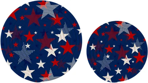 Vista 3 de Naanle Juego de 2 salvamanteles tejidos para ollas, 4 de julio, bandera de Estados Unidos, estrellas florales azules, manteles individuales redondos
