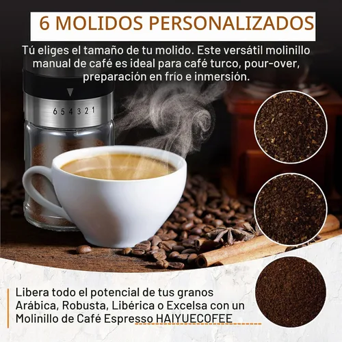 Vista 3 de Molinillo de café manual con 6 ajustes de grosor ajustables, molinillo de café con manivela de mano con rebabas de cerámica para granos de expreso