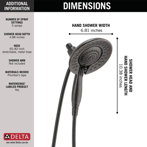 Vista 4 de Delta Grifo Cabezal de Ducha de Mano Dual 2-en-1 In2ition Touch-Clean de 5 Chorros con Manguera, Bronce Veneciano 58569-RB-PK