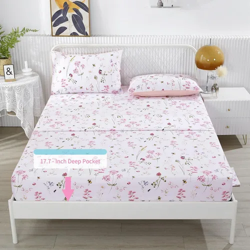 Vista 4 de RYNGHIPY Juego de sábanas de algodón con estampado floral de abejas Shabby, con fundas de almohada, juego de ropa de cama de algodón egipcio